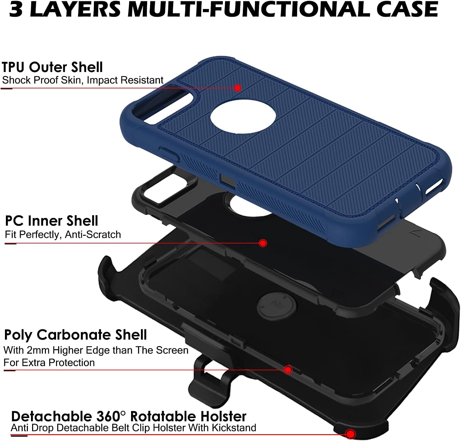 DuraSafe Cases for iPhone 6 2014 iPhone 6s 2015 4.7 Inch Holster Durable Case with Bumpup Cushioned Corners & 360° Rotatable Belt Clip - Navy Blue(with Holster)