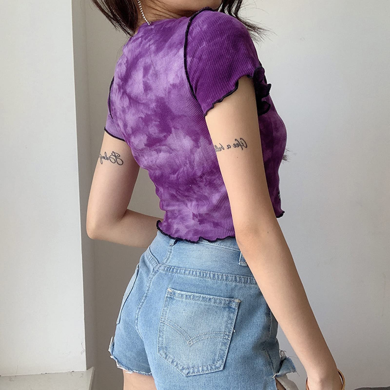 Damskie Crop Tops Eversoft Falbanki T-shirty z krótkim rękawem, nadruk T-shirty z okrągłym dekoltem, lekkie, wygodne