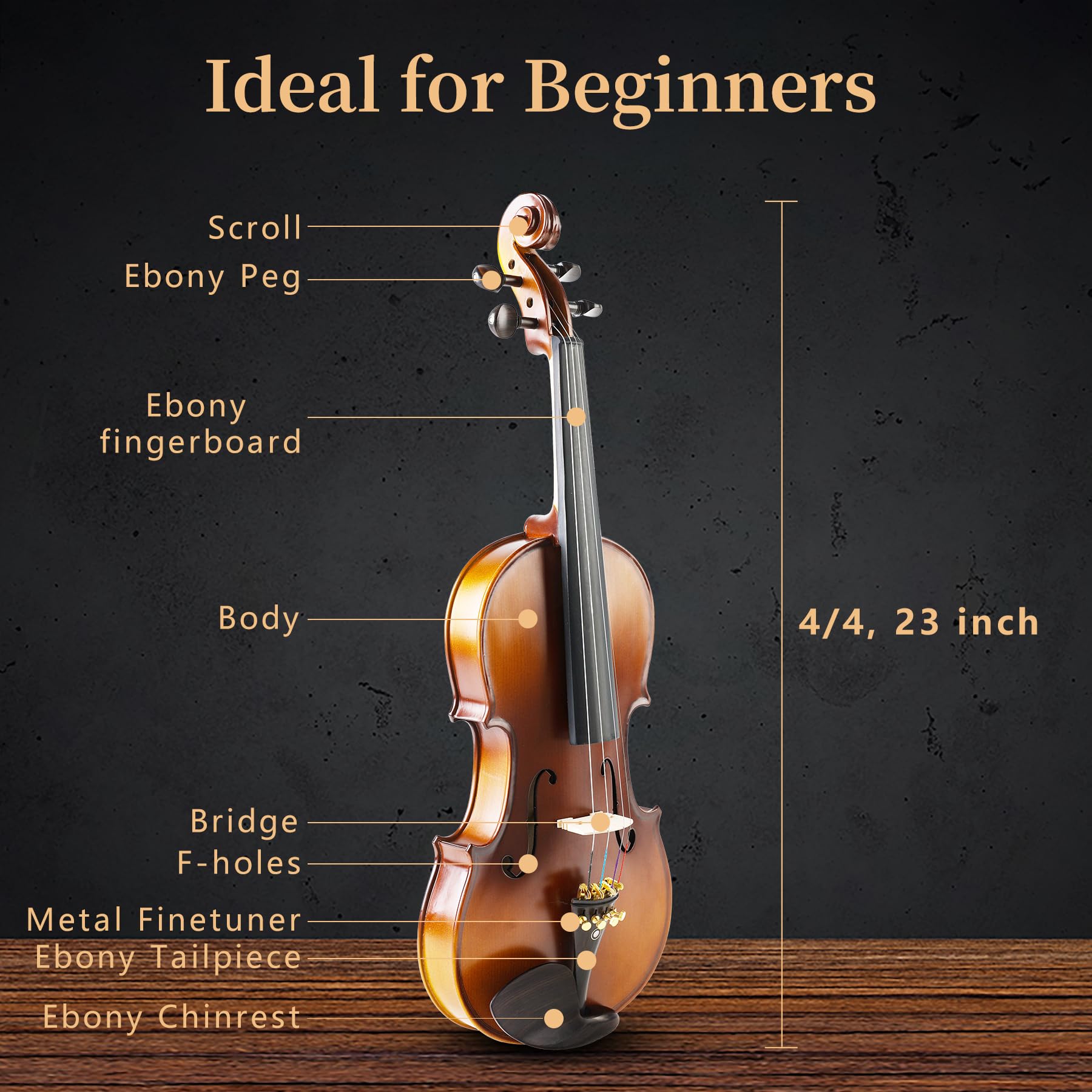 Violine 4/4 komplettes Set, Anfängergeige für Erwachsene, Kinder, Studenten, 4/4 Violine mit Fichte, Ahorn und Ebenholz, Violine in voller Größe mit 13 Teilen für Anfänger ab 11 Jahren, professionelle