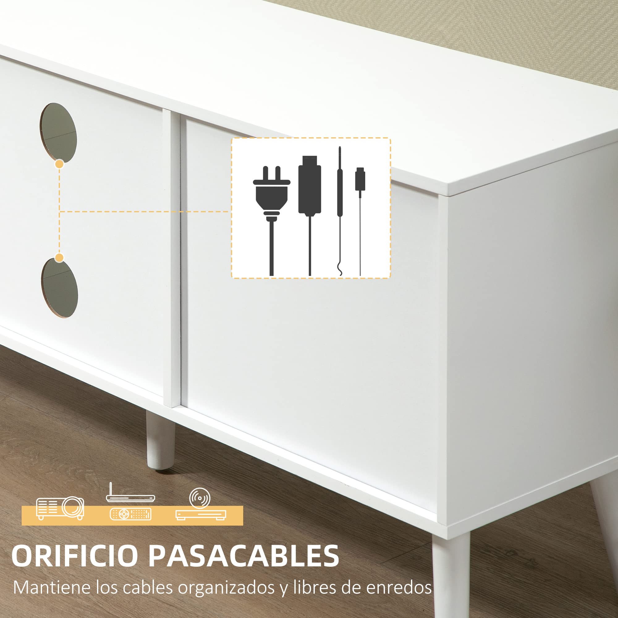 HOMCOM Mueble de TV, Mesa de TV con 2 Cajones de Tela, 2 Estantes Abiertos, Orificios para Cables, para Televisores hasta 50 Pulgadas, Largo de 110 cm, para Salón, Dormitorio, Blanco y Gris