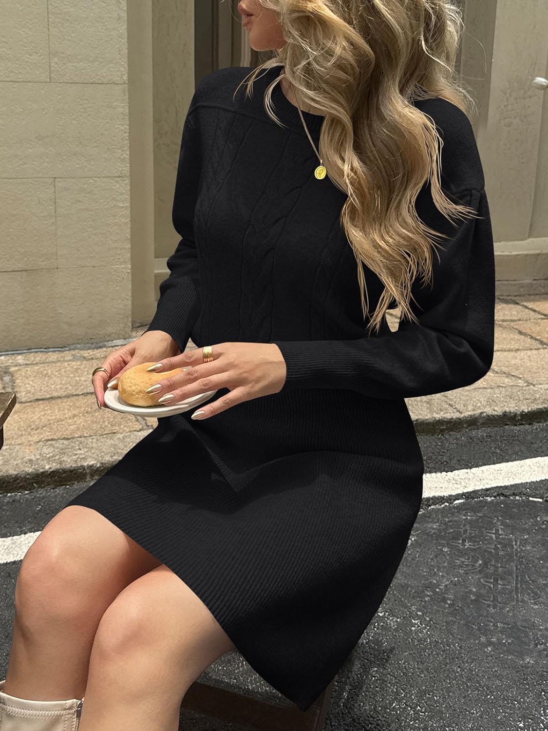 Saodimallsu Womens Puff Long Sleeve Sweater Dress Cable Knit A Line Crew Neck Fall Casual Flare Mini Dresses - Image 4