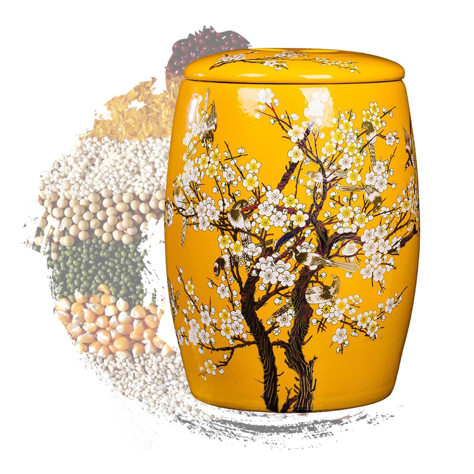 MESCXTY Ceramic Rice Bucket Jar with Lid Container 11lb 22lb 33lb 55lb Food Airtight Storage Jars Household Barrel Set for Oatmeal/Soybeans/Corn/Flour(Yellow,Capa