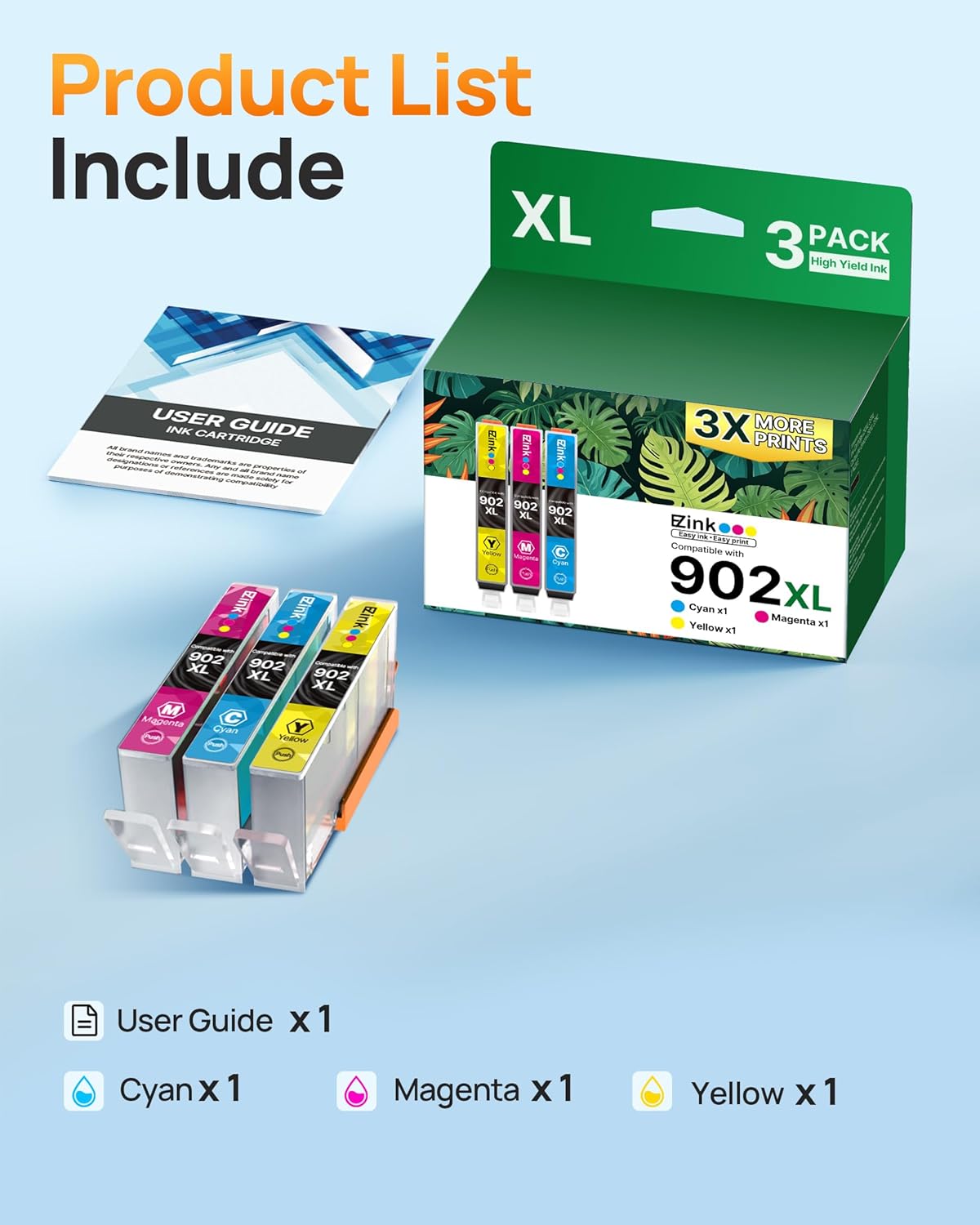 E-Z Ink Compatible 902XL Ink Cartridges for HP Printers Replacement for HP 902XL Ink Cartridges Combo Pack (C/M/Y) for Officejet Pro 6978 6968 6974 6975 6960 Officejet 6951 6954 6956 6958 Printer