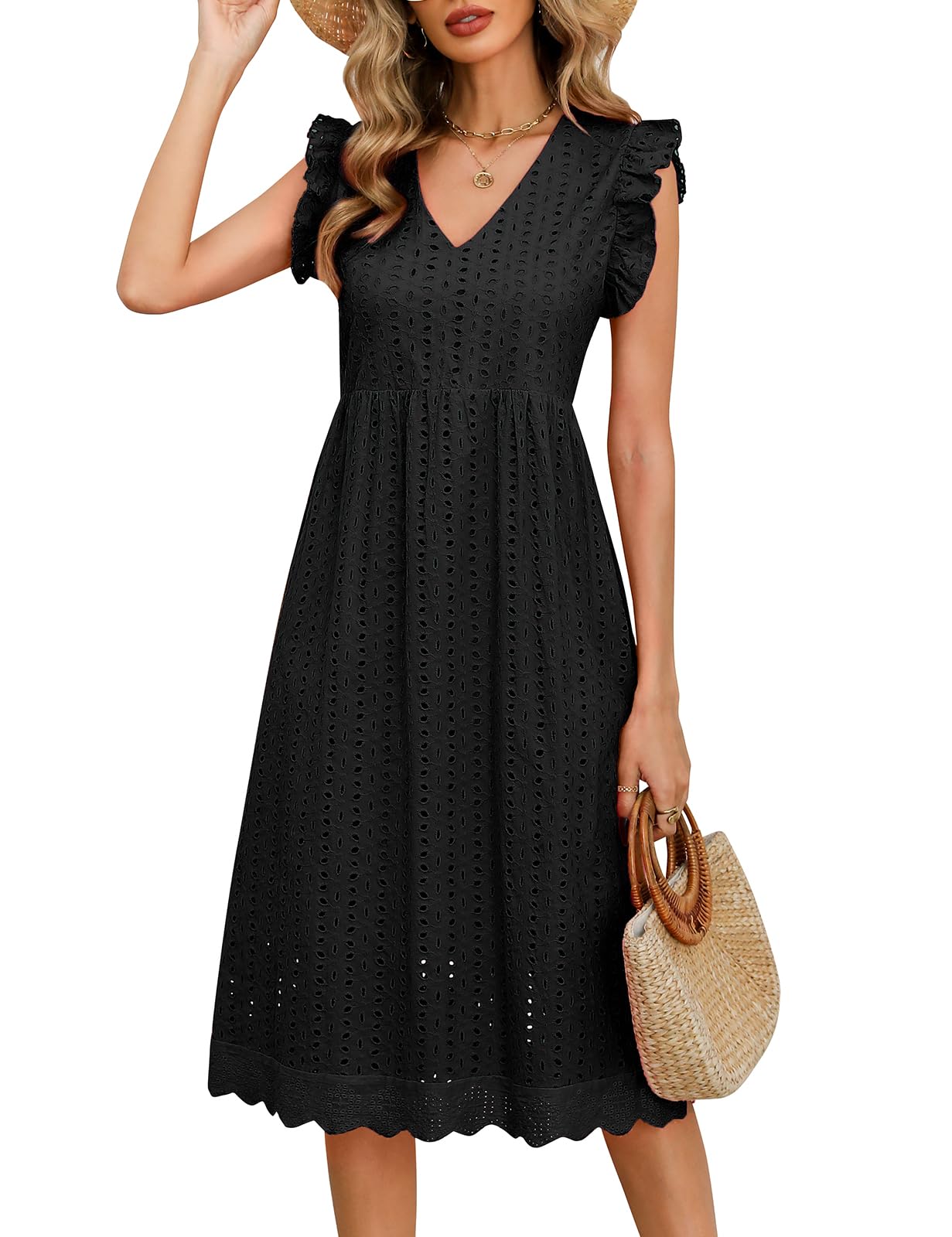 UMIPUBO Letnie sukienki damskie bawełna dekolt w serek midi sukienka bez rękawów z kieszeniami eleganckie boho sukienka plażowa na co dzień jednolite kolory letnie sukienki