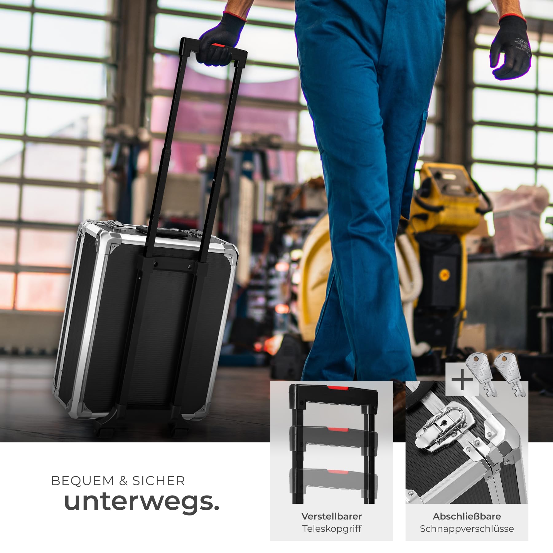 tectake® Werkzeugkoffer, Werkzeugset, Werkzeugkoffer gefüllt 1200-teilig, Werkzeugtrolley, Werkzeugkiste mit 4 Ebenen, Alu Koffer mit Rollen, Teleskopgriff, 2 Schnappverschlüsse + Schlösser - schwarz