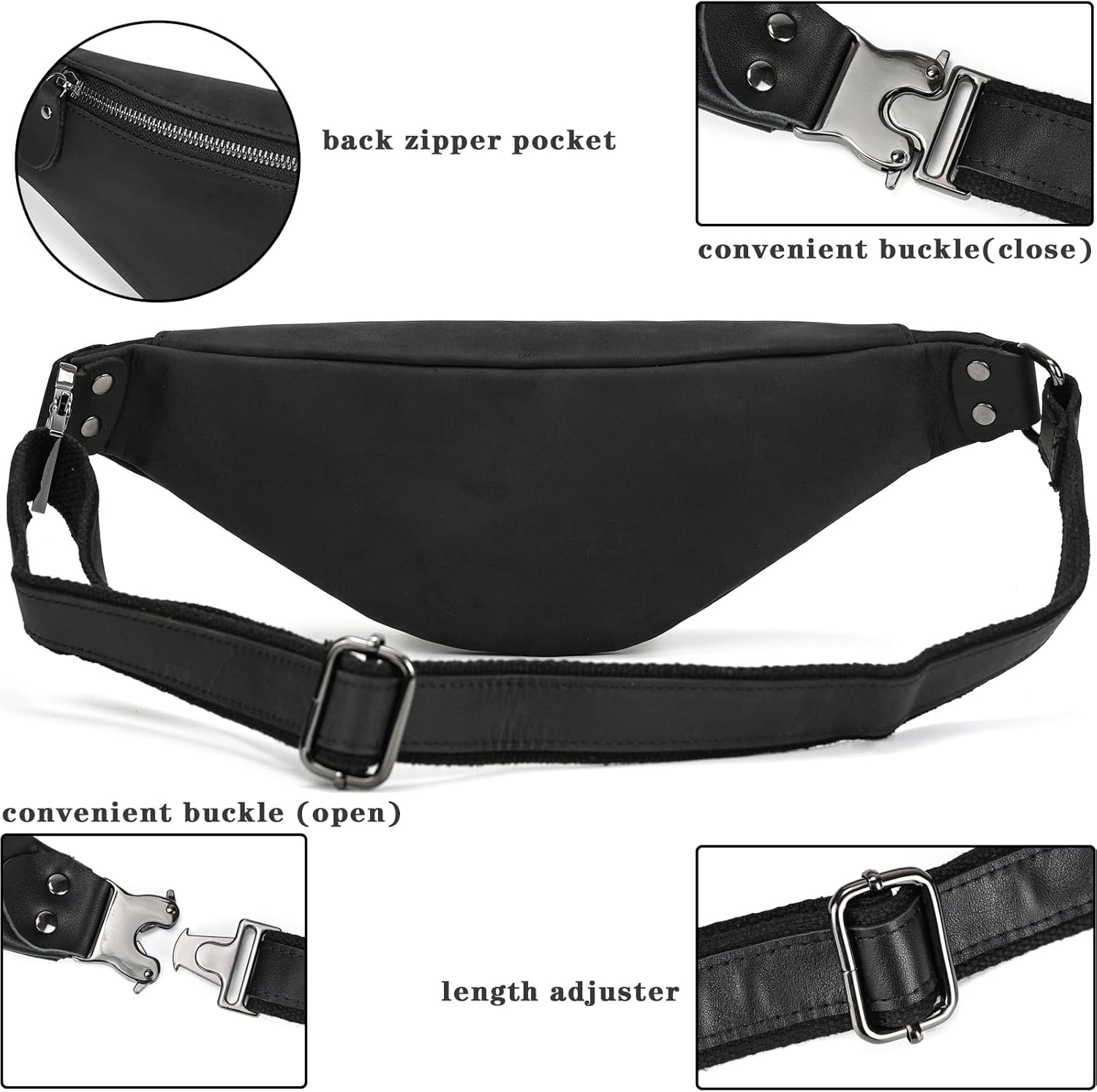 Genuine Leather Slim Waist Pack for Man & Woman, Vintage Design & 4 Zipper Pockets & Adjustable Strap, Large Capacity Fanny Pack Crossbody Belt Bag for Travel or Ride, 1033 Black - Image 6