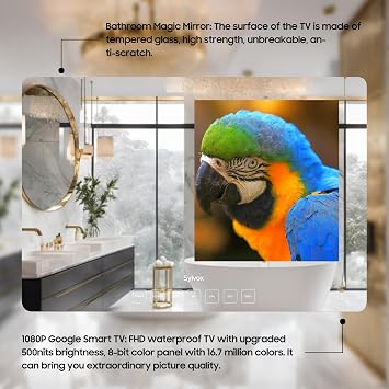 SYLVOX 19'' Smart TV, 12volt Bathroom Magic Mirror, IP66 Waterproof TV