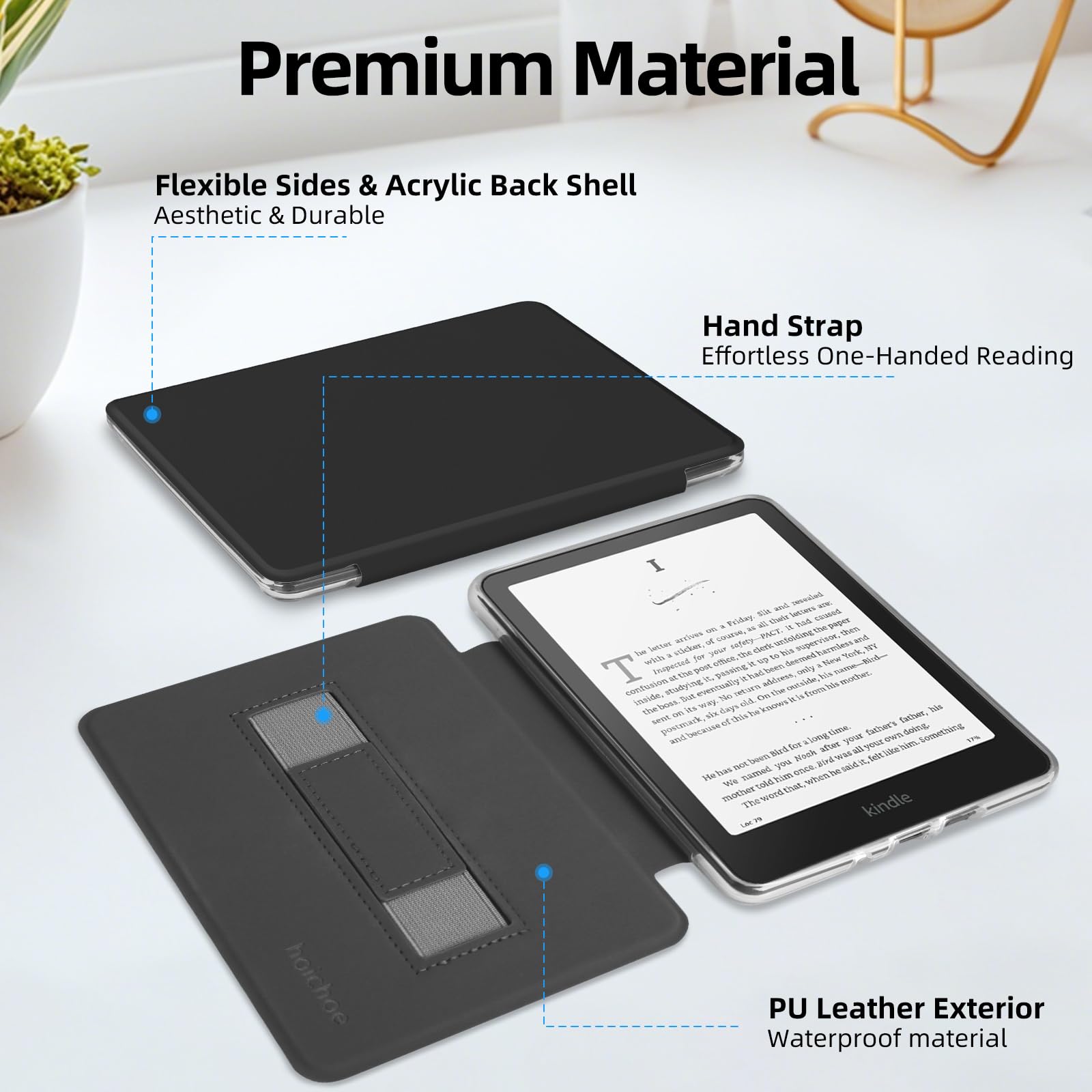 Schutzhülle für Kindle Paperwhite 12. Generation 2024 und Kindle Colorsoft Signature Edition, 17,8 cm (7 Zoll), leichtes PU-Leder und transparente Hartschale mit Handschlaufe, automatischer
