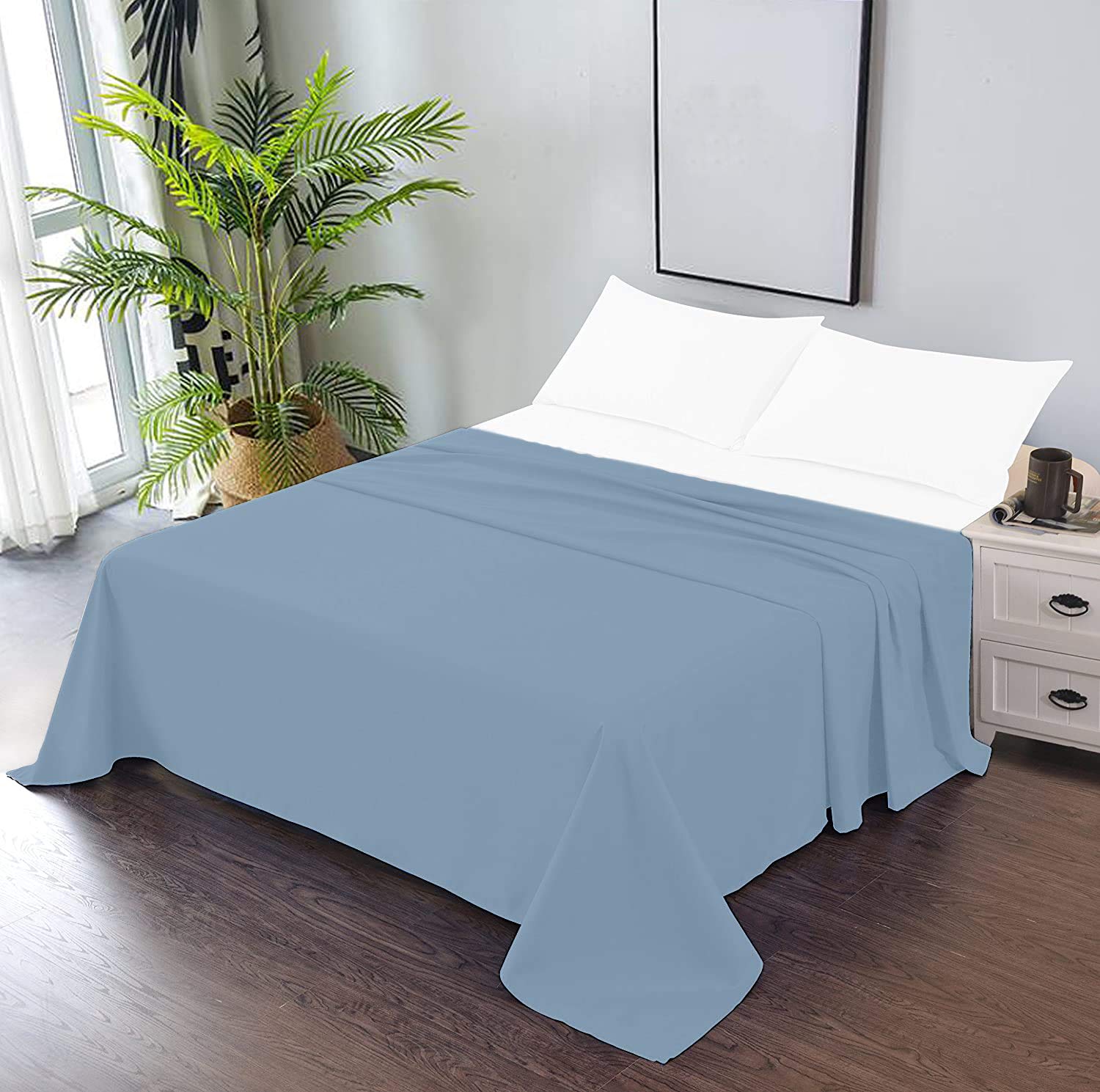Kamas - 1 sábana encimera de gran tamaño, 100% tela de algodón egipcio, tejido de satén de 1000 hilos para una sensación suave y sedosa, se adapta perfectamente a camas grandes y pesadas (azul cielo,