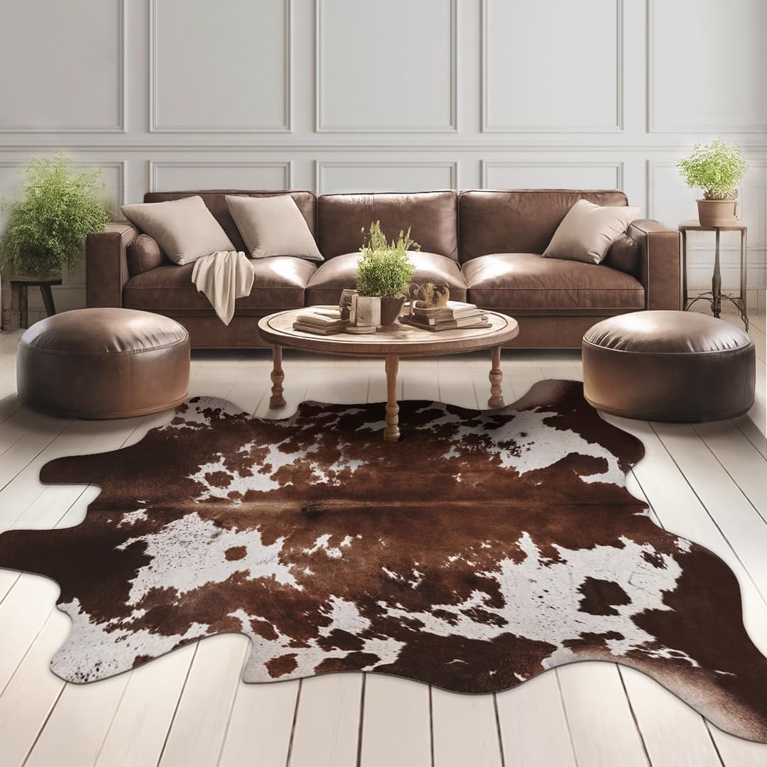 Faux Cowhide Cow Print Rug: 6.2 x 7 Feet Cow Hide Animal Print Area Carpet Large Western Decor for Living Room Bedroom 6'2" x 7' (Irregular) Brown