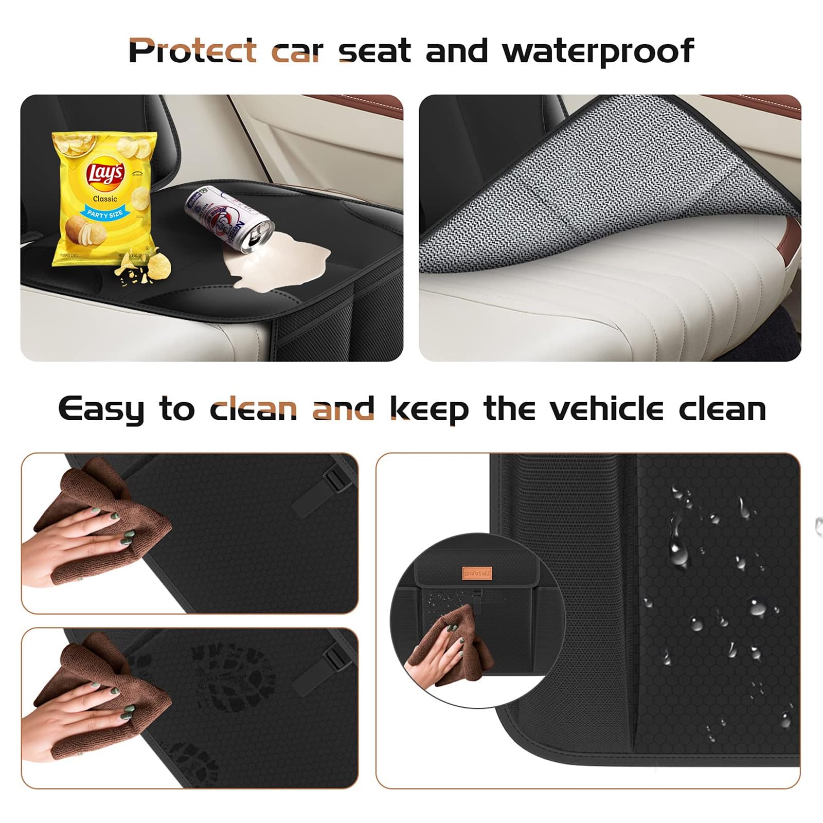 Non-Slip Backing Backseat Car Organizer Kick Mat with Storage Pockets, Large Waterproof Baby Car Seat Protector for Leather and Fabric (Black)