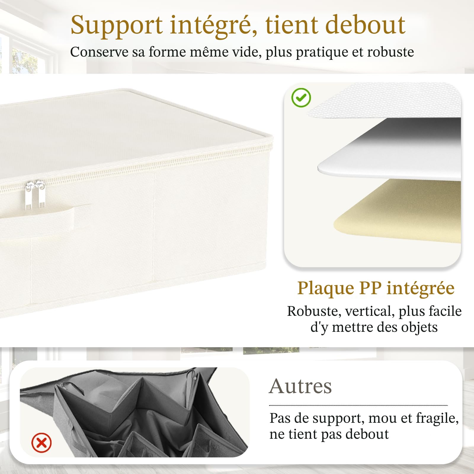Yawinhe Sac de Rangement Sous Lit avec Couvercle, Organisateurs de Placards Pliable, avec 4 Poignées Renforcées, pour Ranger Les vêtements, Literie, Beige, 80x40x15cm, 2-Pack