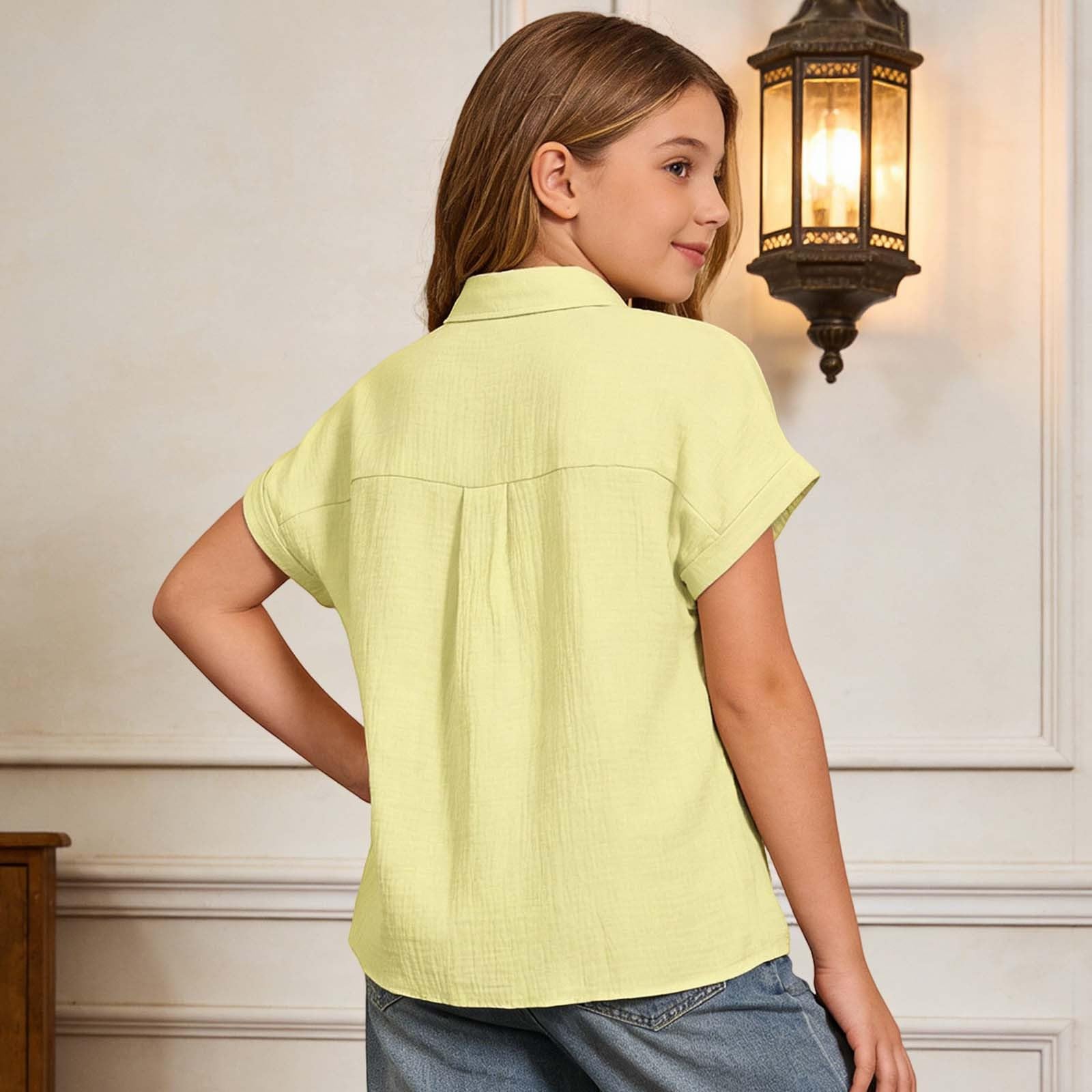 Camisa con botones para niña monocolor manga corta transpirable