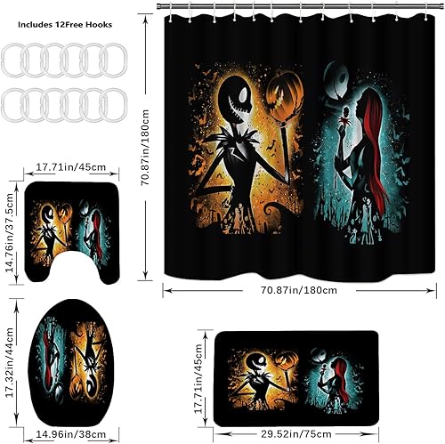Miniatura 2 de DDQTOUCH Juego de baño de 4 piezas con cortina de ducha y alfombras, juego de cortina de ducha de Halloween Jack Skellington con 12 ganchos (Jack-6)