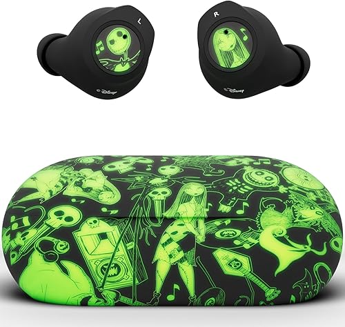Disney Nightmare Glow in the Dark TWS - Auriculares inalámbricos Bluetooth 5.0 compatibles con micrófono integrado y funda de recarga portátil, IPX8