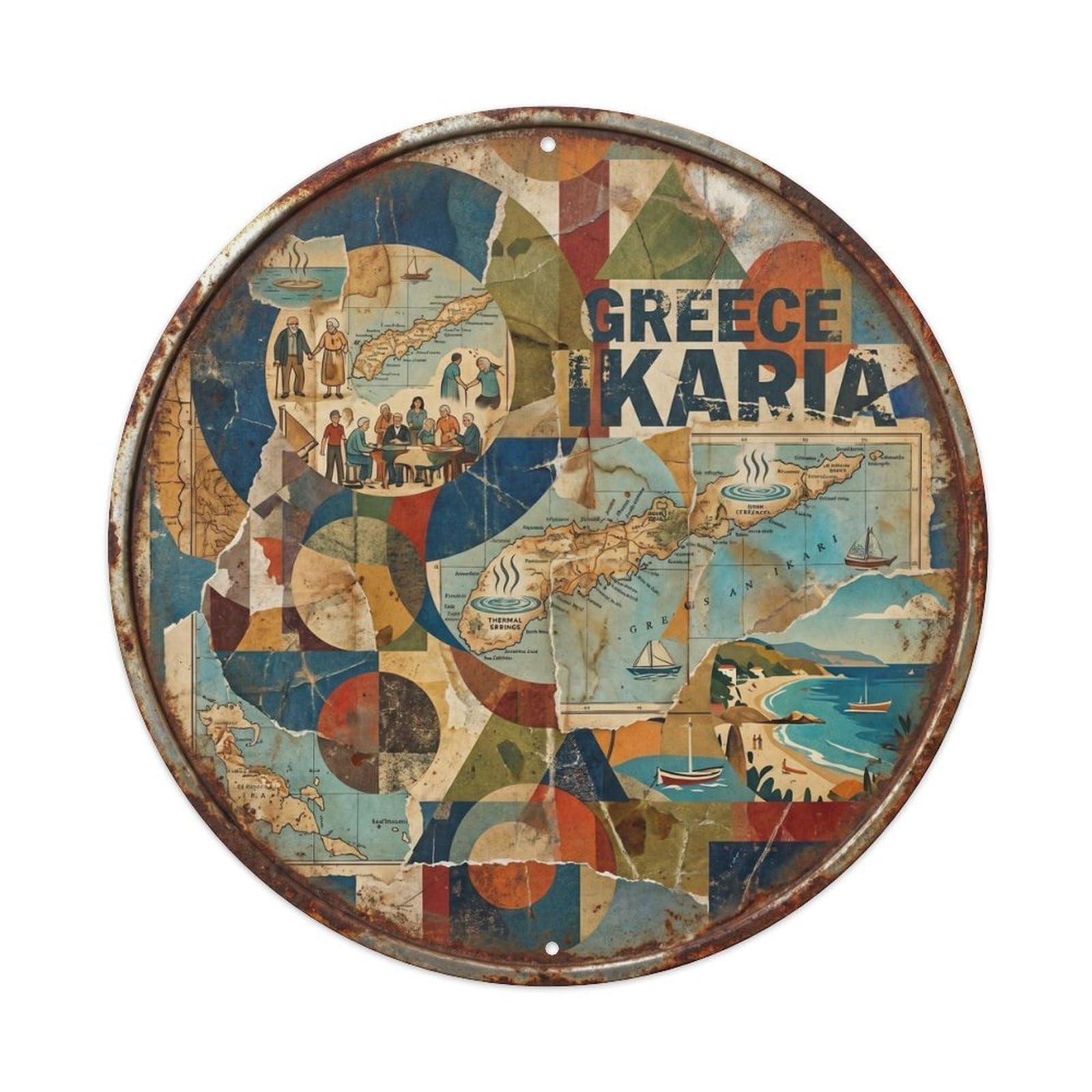 Ikaria Longevity Greek Vintage Collage Europe Travel Metal Tin Sign