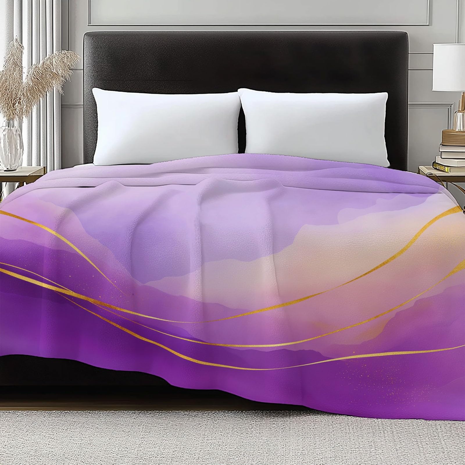 Manta Franela para Cama 220 x 240 cm, Suave Cálida Mármol Lila Dorado Líneas Manta Invierno Calentitas Transpirable Ligera Elegante Soñador para Adulto Infantil Mujer Hombre