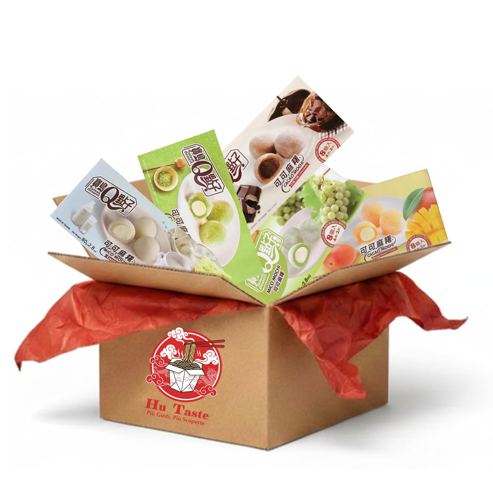 Hu Taste Mochi Mix Selezione Gourmet - Kit 5 Gusti: Matcha, Cioccolato, Latte, Mango e Uva - Box Snack Giapponesi e Dolci Asiatici Assortiti (Gusti Cremosi: Mango, Cioccolato, Latte, Matcha e Uva)