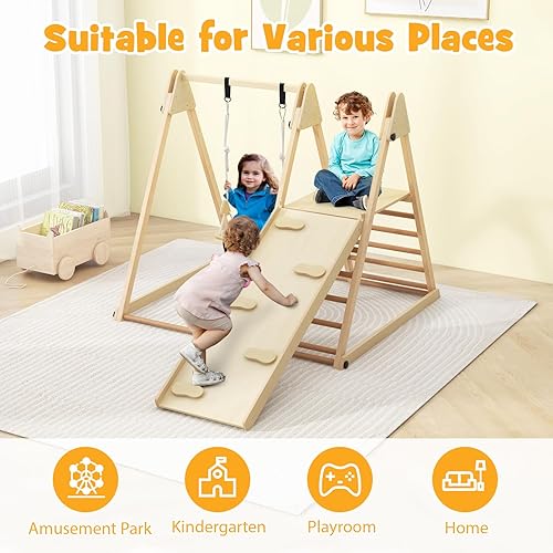 Miniatura 9 de HONEY JOY Gimnasio de la selva interior para niños, gran juego de escalador 5 en 1 con columpio para bebé, rampa deslizante, escalera y pared