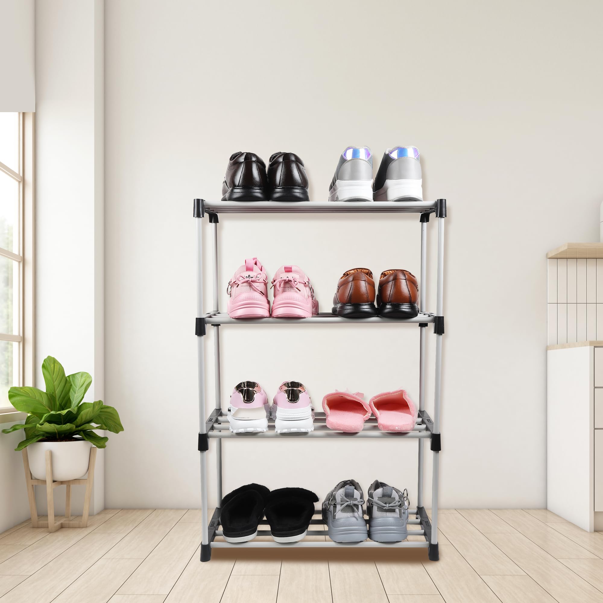 LOTSPEK Multipurpose Shoe Rack for Home | Foldable Slipper/Chappal/Footwear Stand 4 Shelves Plastic Shoe Stand | Collapsible Storage Metal Shoe Stand Easy to Assembled (4 Shelf, Black)-picture-32