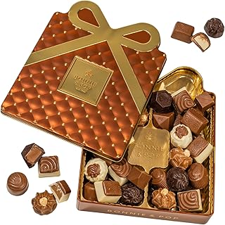 Chocolate Gift Basket, Candy Food Gifts Arrangement Platter, Gourmet Snack Gift Bow Tin Box, Present Idea, Corporate Him & Her, Men, Women, Family- Gourmet Belgian Truffles- Brown- Bonnie & Pop