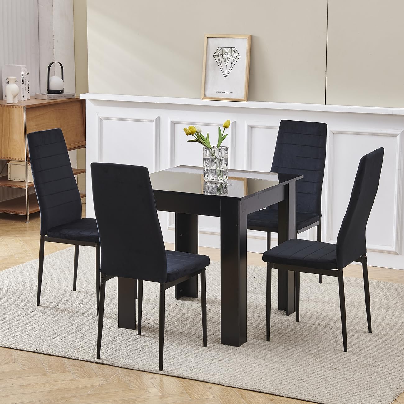 Homullel 75x75 cm Small Dining Table and 4 Chairs, 4 Seater Table and Chairs Set Kitchen Dining Room Set for 4, Compact, Space Saving, Wooden, Glossing Tabletop Black (4 Seats, Flannel Black)