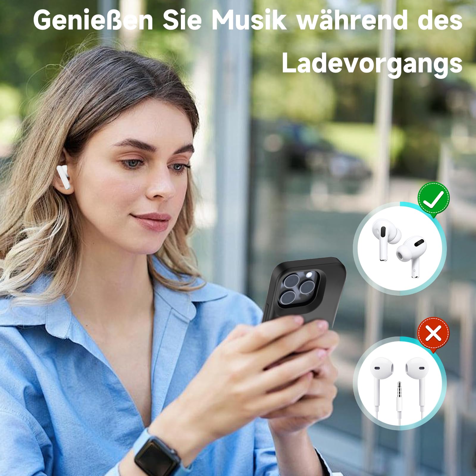 Akkuhülle für iPhone 15 Pro Max, Echte 8500 mAh Powerbank mit Standfuß, Schlanke Wiederaufladbare Erweiterte Ladehülle, Tragbare Schutzhülle mit Akku für iPhone 15 Pro Max (6,7 Zoll)– Schwarz