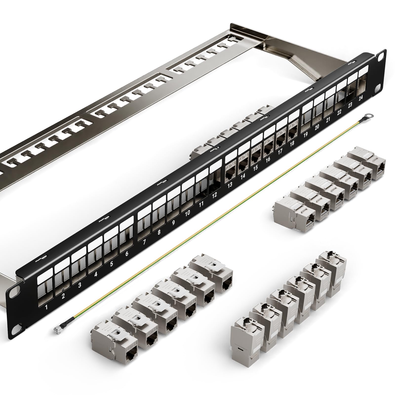 Geschirmtes 24 Port CAT6A Patchpanel mit 24 x Cat6A Keystone Jack | 10 Gbit/s 500MHz, Vergoldet Keystone Patchpanel 19 Zoll patchpanel mit EMI/RFI-Schutz und Kabelmanagement-Kit