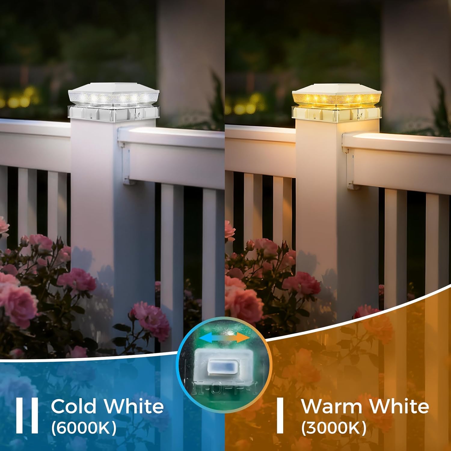 vighep 4Pack Solar Post Cap Lights, Fits 4x4 & 3.5x3.5 Vinyl & Wood Posts, 2 Lighting Modes (Warm/Cool White), Dusk to Dawn, Waterproof LED Outdoor Fence & Deck Lights, Porch, White