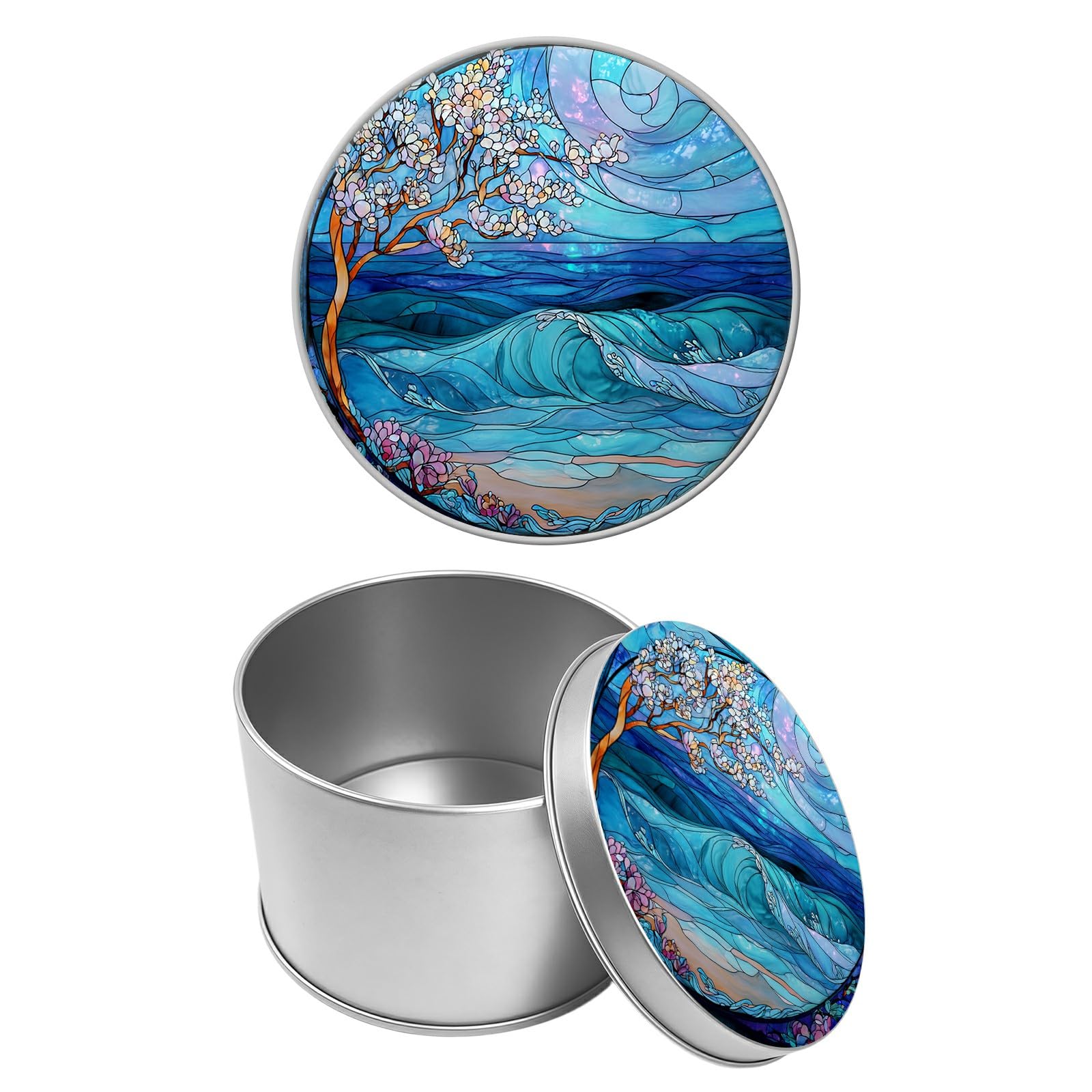 Round Metal Tin Container with Removable Lid, Blue Tree Landscape Durable Metal Storage Box for Cookies Spices Tea Candies Cakes Jewelry Cosmetics 3.54 x 2.36 inch– Single Pack