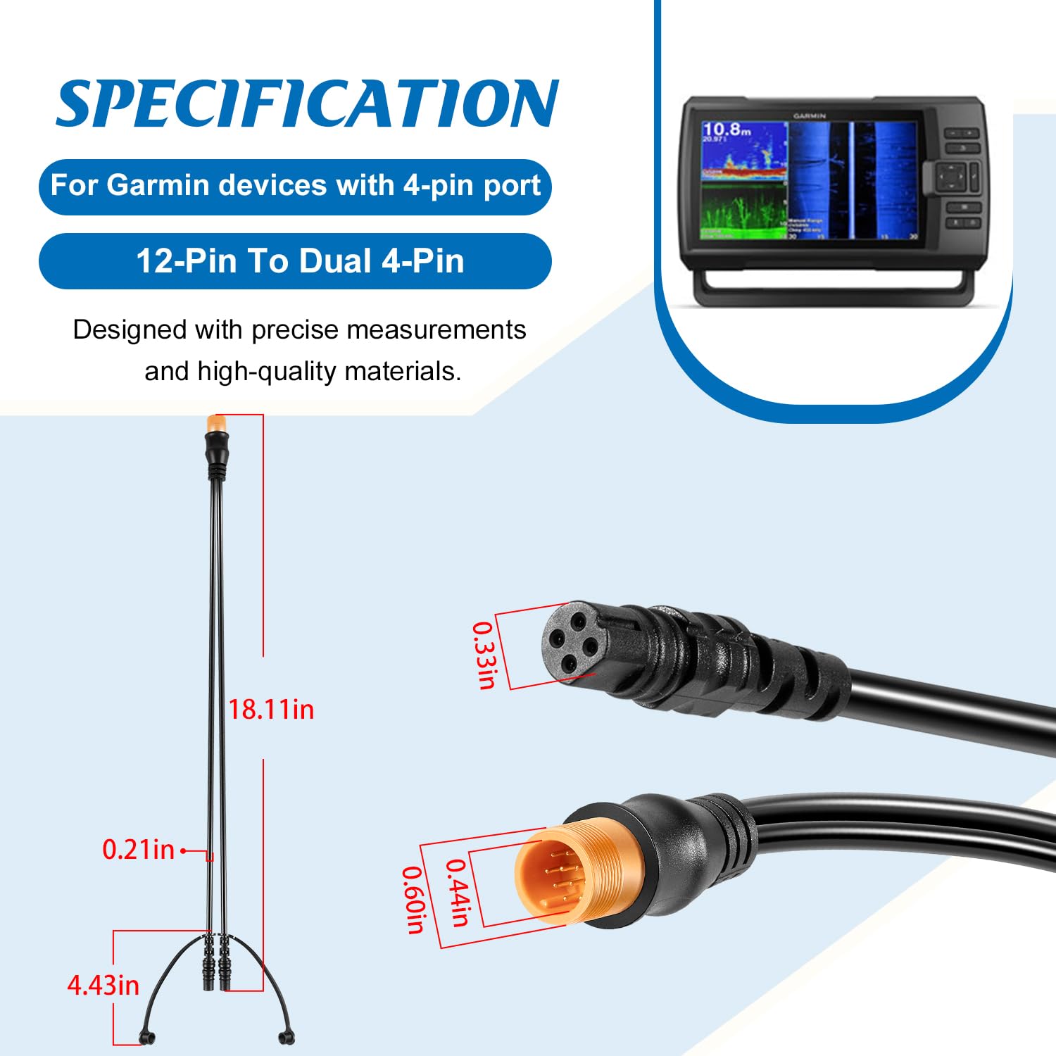 010-12234-05 Transducer Sensor Adapter Y-Cable, 12-Pin to Dual 4-Pin Splitter Cable Compatible with Garmin echoMAP 72sv 73sv 74sv 93sv 94sv, for Striker 7sv/9sv, for Striker Vivid 7sv/9sv