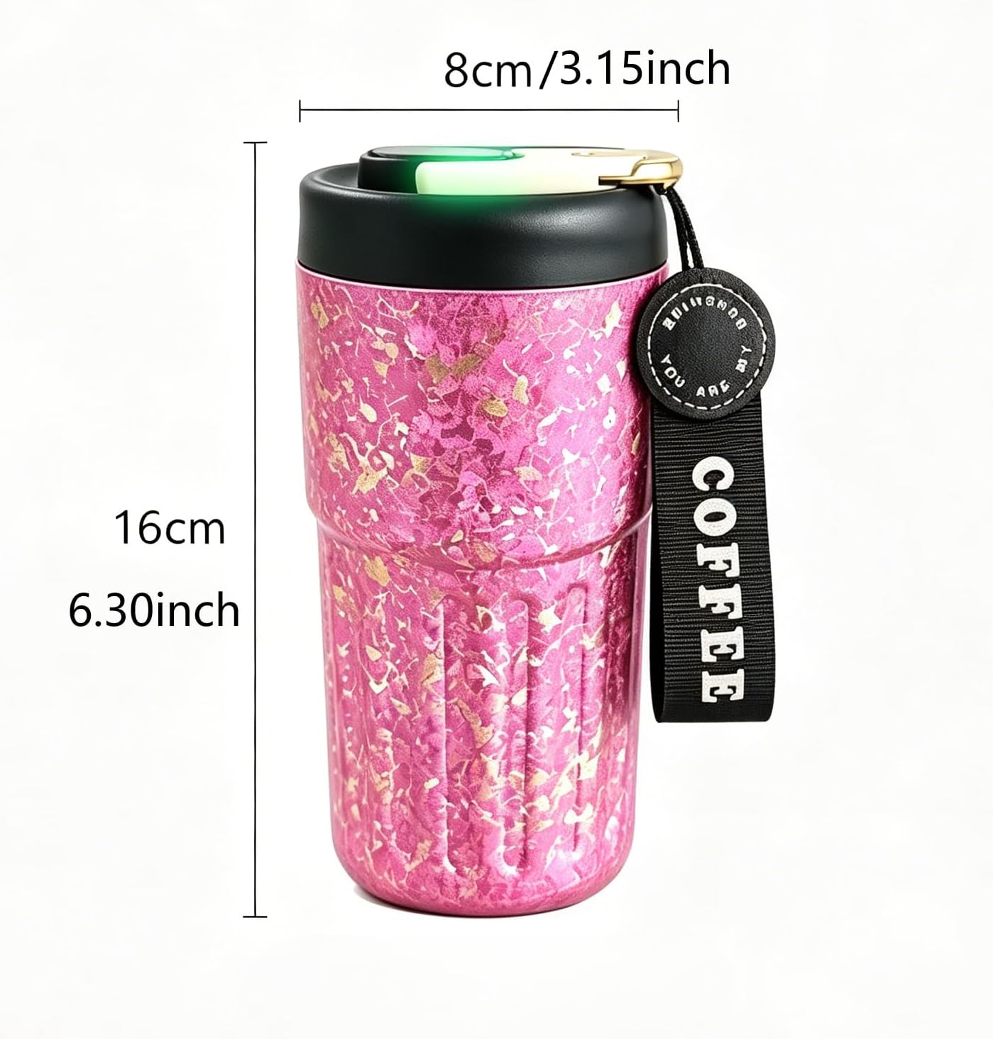 14.2oz Titanium Coffee Cup with Temperature Display – Double Wall Tumbler, Leakproof & Lightweight, BPA-Free Water Bottle for Home, Office, and Outdoor Camping（Gold foil glitter rose purple）