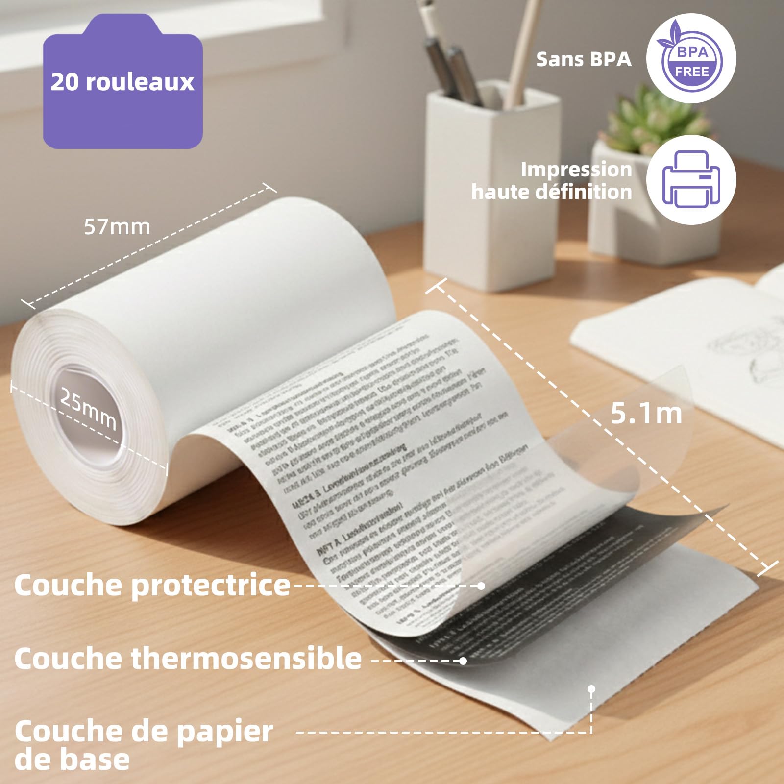 Papier Thermique 57mm x 25mm 20 Rouleaux pour Imprimante Photo Enfant