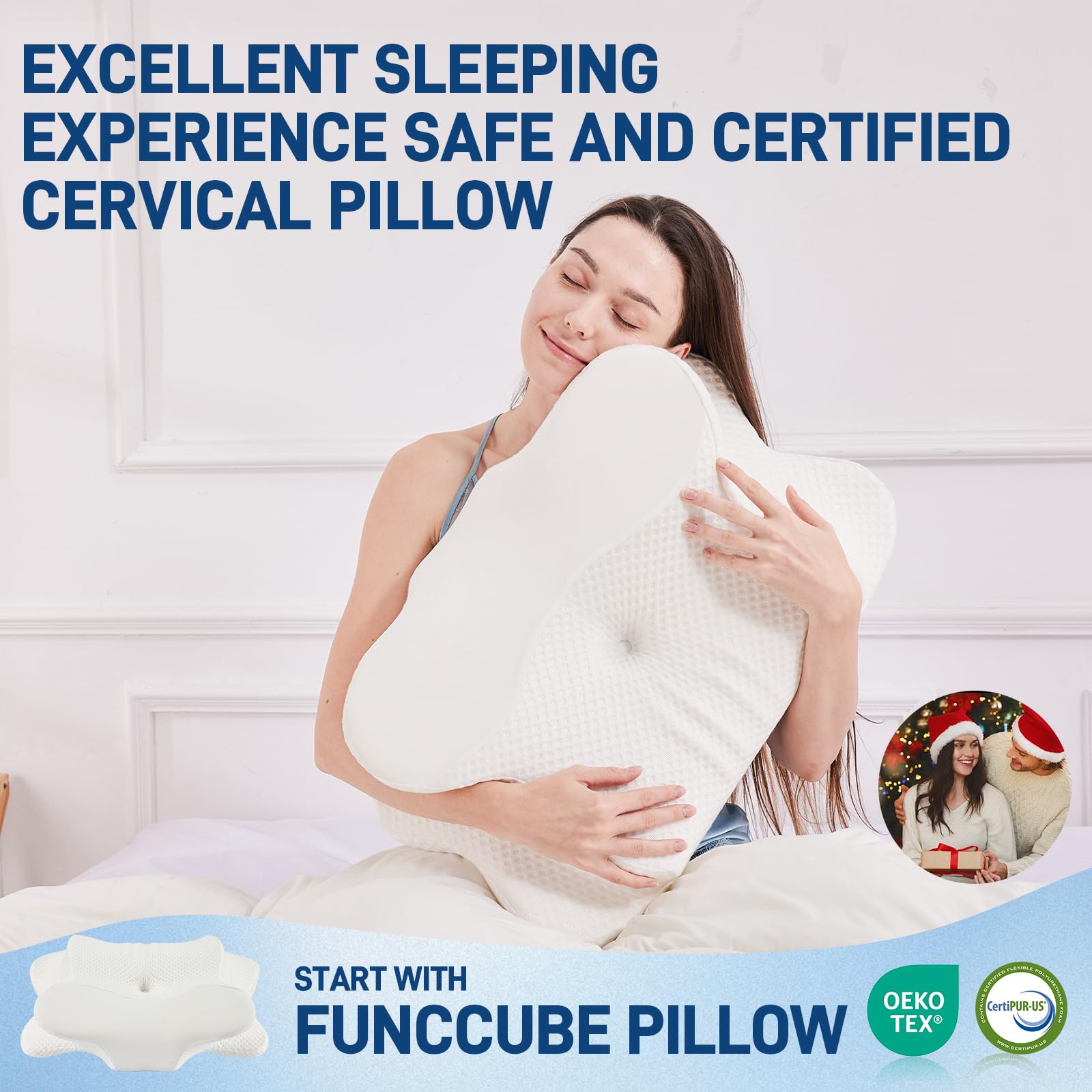 FUNCCUBE Almohada Cervical para el Cuello, Almohada de Espuma viscoelástica para aliviar el Dolor al Dormir, Almohada ergonómica para Dormir de Lado, Espalda y estómago, Almohada ortopédica