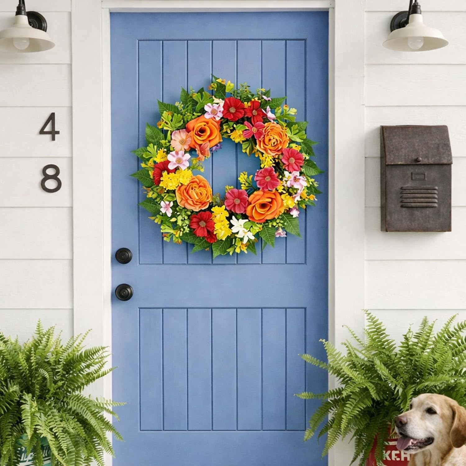 zjlmit 20 Inch Spring Wreath for Front Door, Artificial Silk Flower Wreath on Grapevine Base with Orange Rose-Style Blooms, Multicolor Floral Accents and Greenery, Indoor Wall Entryway Decor