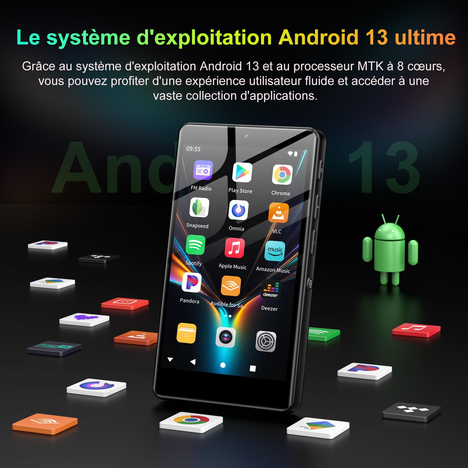 Lecteur MP3 96 Go avec Bluetooth WiFi, Lecteur MP4 4,02 Pouces avec Appareil Photo et Haut-Parleur, lecteurs MP3 Android 13 avec Spotify Kids, Audible, Deezer, Play Store