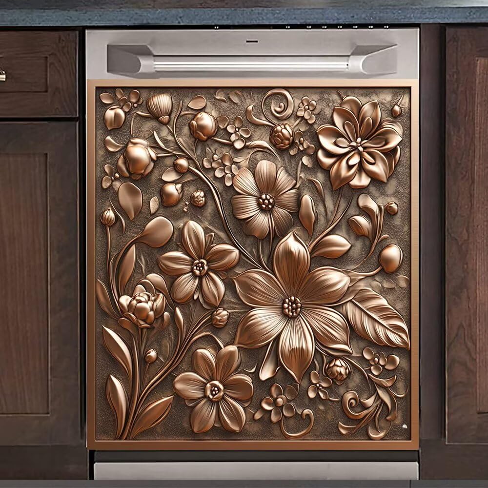 Kupfer-Relief, Blumen, Reben, Geschirrspüler, Magnet-Aufkleber, Heimdekoration, Metallblumen, Magnet-Abdeckung für Geschirrspüler, Kühlschrank, Schrank, Landblumen-Geschirrspüler-Aufkleber, magnetisch