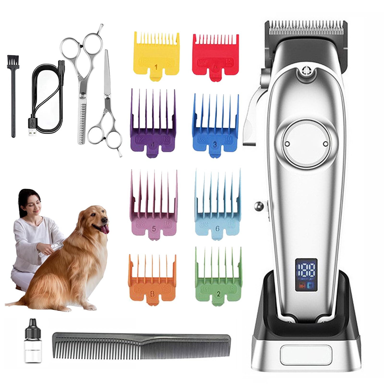 Dog Clippers for Grooming,Dog Clippers Professional for Thick Hair with 8 Guide Combs,with a Low Noise Level of Just 50dB,Nuilt-in 2500mAh Nattery for Thick/Curly/Fine/Wavy Hair