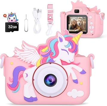 Kids Camera Unicorn Girl Toys, Digital Camera for Kids Age 3-8 Toddler Travel Toys, Birthday Gift for Girls 3 4 5 6 7 8 Year Old Christmas, HD 1080P Video Camera, 32G SD Card Included Pink