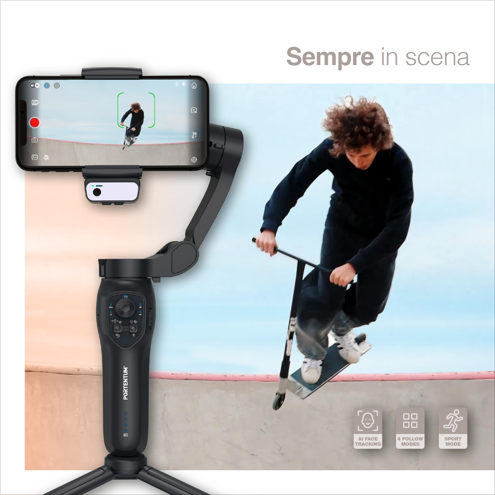 Gimbal Smartphone Stabilizer Portentum 7 Pro AI Tracking - Dettaglio