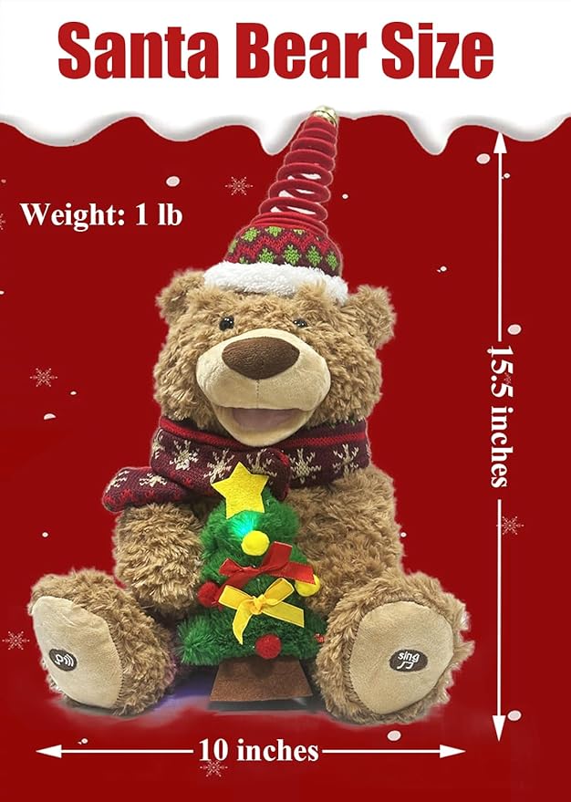 LANGXUN Oso de Peluche Navideño con Canto y Grabación, 39 cm miniatura 3