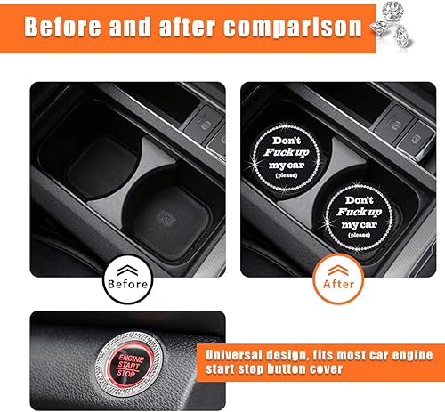 Miniatura 4 de Ziciner Paquete de 2 posavasos brillantes para automóvil y 1 funda para botón de inicio y parada, almohadilla de goma suave con diamantes de