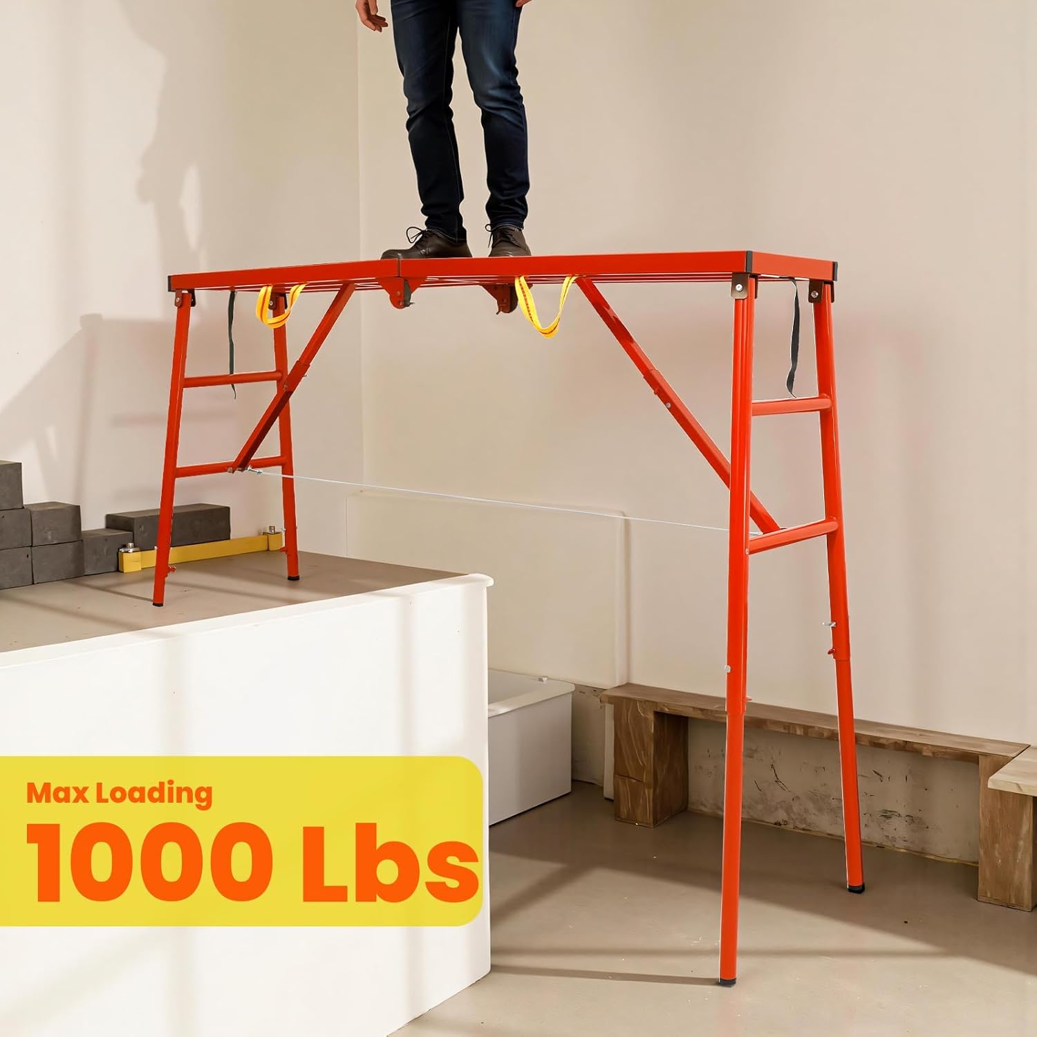 Foldable Scaffolding Platform, 69x20.8x33.8-52.7 Inch Welded Steel Work Platform,1000 Lbs Capacity, Adjustable Height Industrial Step Ladders, Ideal for Construction Sites and Renovations, Red