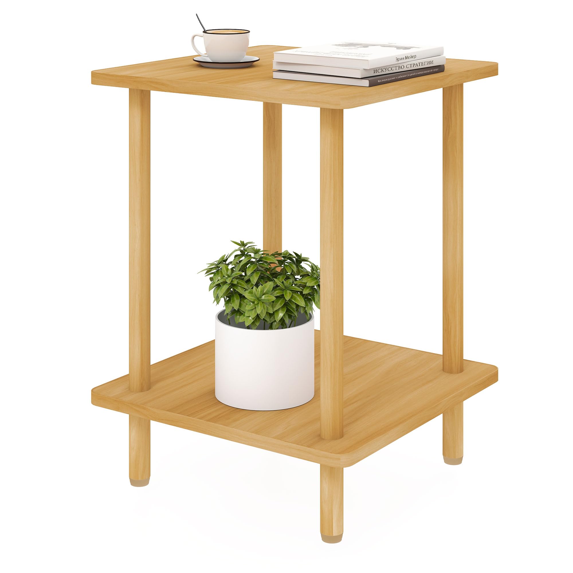 2-Tier End Table,Multi-Layer Side Cabinet with 4 Solid Wood Sturdy Legs for Living Room and Bed Room, Minimalist Modern (15.8"*15.8"*21")
