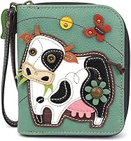 CHALA Cow Teal Zip Around Wallet Wristlet - Vegan Leather, 8 Card Slots, ID Window, Coin Pocket, Cute Charm