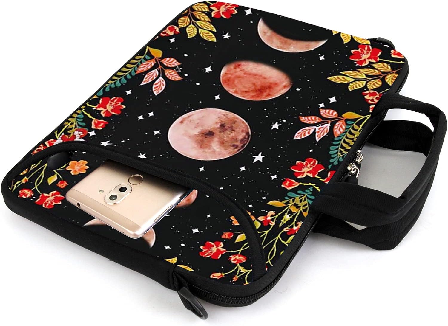 AMARY 15.4" 15.6" laptop sleeve adjustable shoulder strap with handle accessory pocket for men women (Flowers Moon) - Image 5