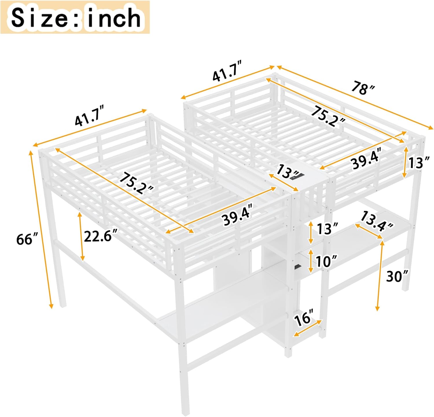 LUMISOL Double Loft Bed Twin Size with Desk, Heavy Duty Metal Loft Bed with Charging Station, Wardrobe & Storage Shelves, Noise Reduced, White