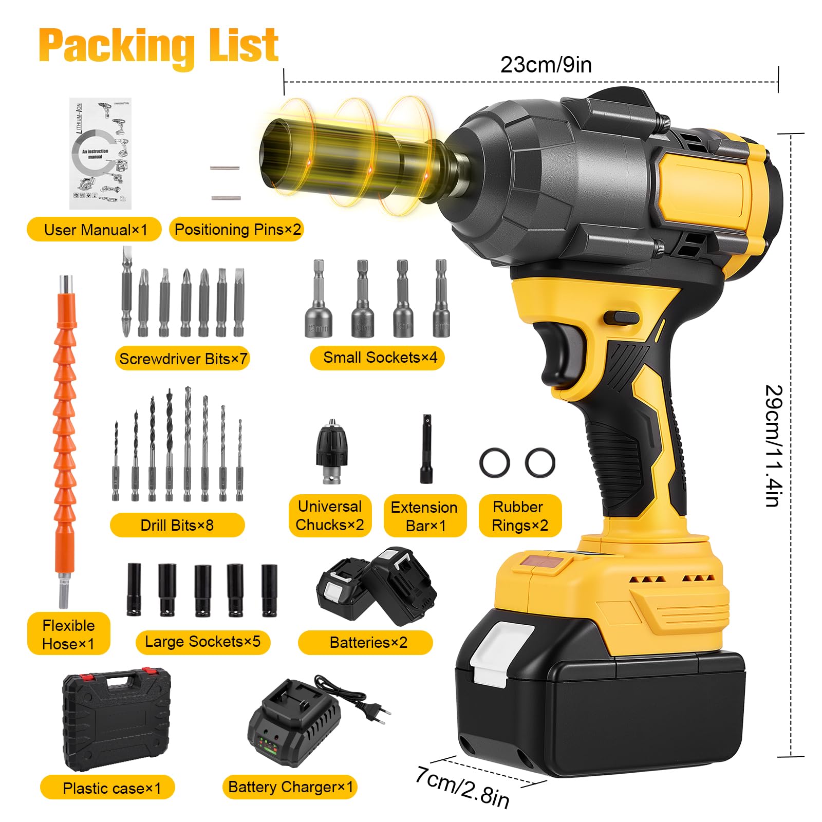 Pistola de impacto bateria 1000N con 2 baterías, 3 velocidades variables y luz LED, Potente Llave de impacto, para reparaciones de automóviles y proyectos de bricolaje