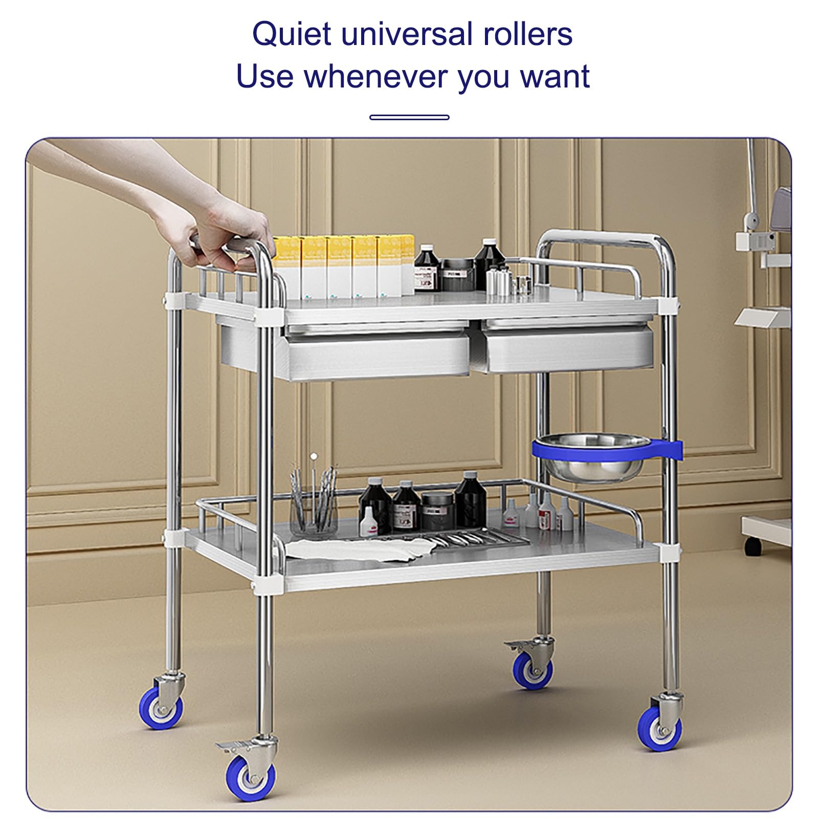 Chariot de Laboratoire à 2 étages, Chariot utilitaire professionnel avec tiroirs, Chariot Médical en Acier Inoxydable, pour maison, chambre à coucher, salon, laboratoire(60*40*86cm/24*16*34in)