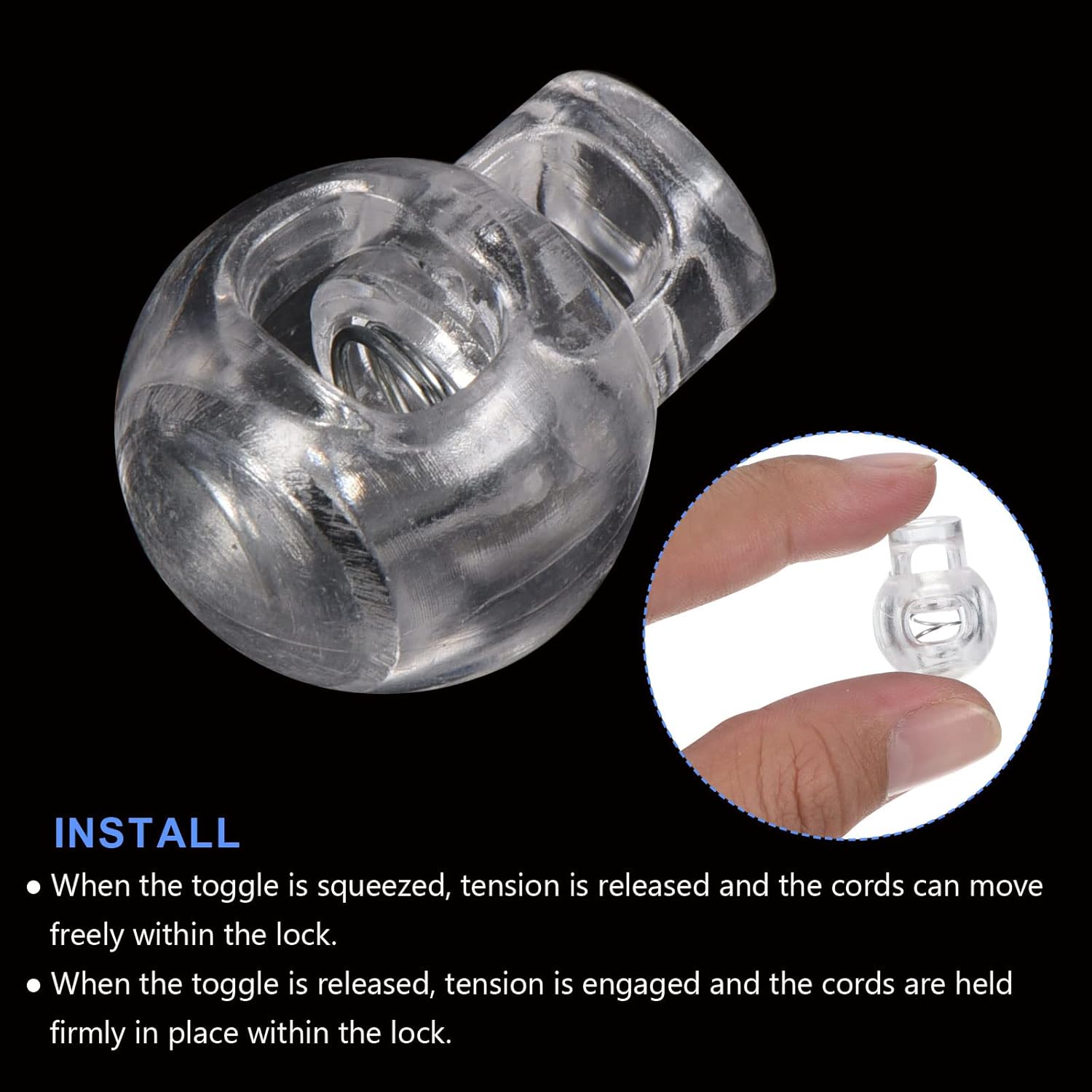 METALLIXITY Plastic Cord Lock (0.2") 20pcs, Single Hole Spring Toggle Stopper Cord Stops Lanyard Clips Cord Adjuster for Drawstring Shoelaces Clothing Backpack, Clear - Image 4